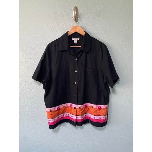 Vintage AKL Women's Black Linen Button Up Spring Floral Shirt Top Blouse Size 1x - Picture 1 of 8